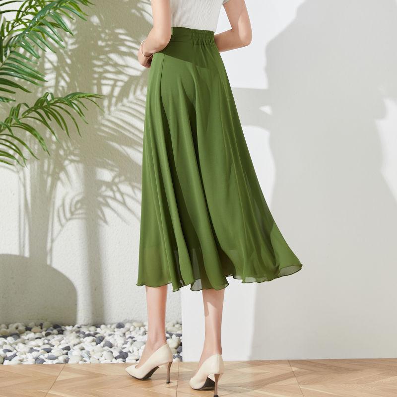 Sommer Neuer Einfarbiger Hellbrauner Chiffonrock Mittellang A-Linie Großer Schwung Damenrock Knielanger Rock