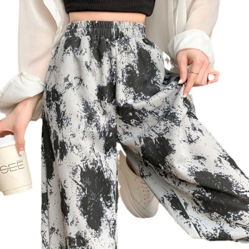 Ink Painting Wide-leg Pants Women's Summer Thin Small Straight-leg Pants Medium-printed Ice Silk Casual Floor-mopping Pants