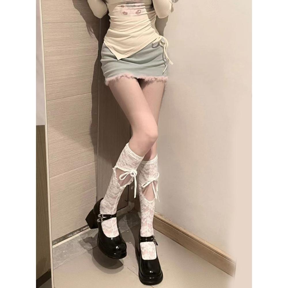 Summer Japanese Lolita Lolita Lace Bow Medium Tube Socks Love Hollow Cross Strap Calf Socks Women