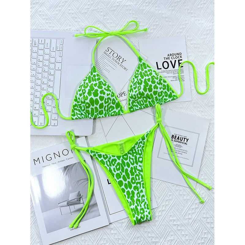 

Women s Leopard Print Color Block Halterneck Bikini - Europe & America Hot Selling Sexy Swimwear Medium флуоресцентный зеленый