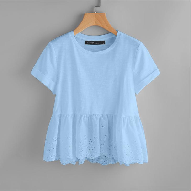 

ZANZEA Женские повседневные летние футболки с коротким рукавом и круглым вырезом, пэчворк крючком 4XL синий