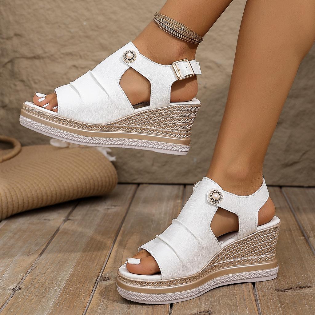 Foreign trade large size straw woven high-heeled sandals women's 2025 new thick-soled fish mouth Roman shoes one-word buckle high-heeled women's sanda