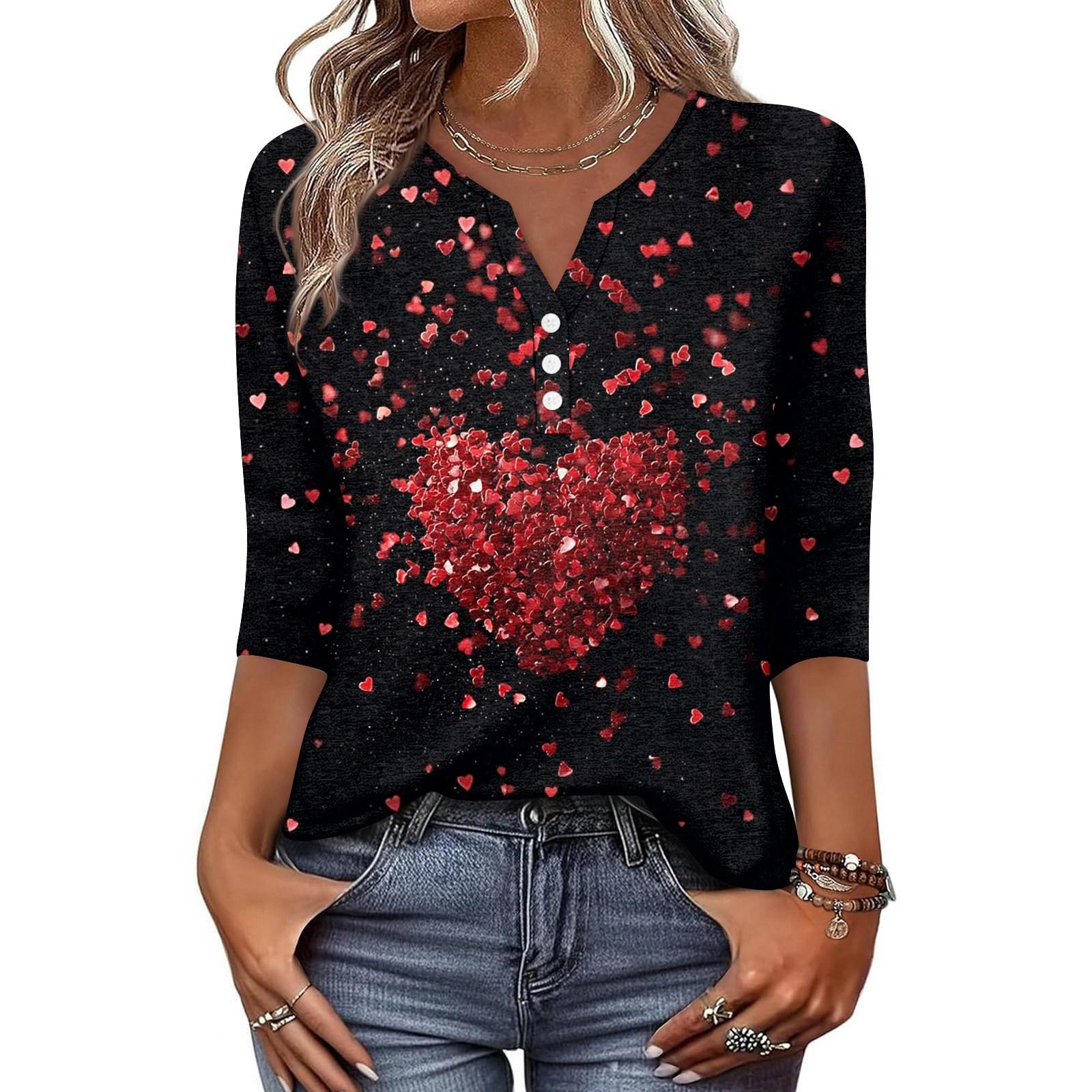 

Women s T Shirt Print Button 3/4 Sleeve Daily Weekend Fashion Basic V- Neck Regular Top L