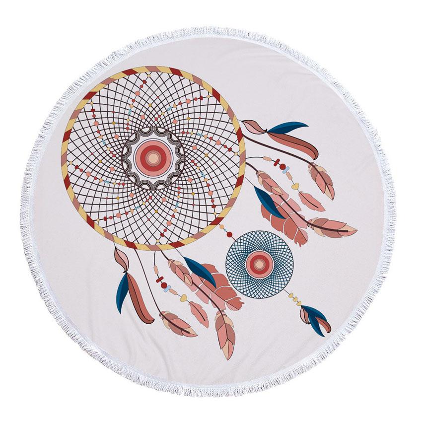 Prosop de Plajă Rotund din Microfibră Boho Dreamcatcher Prosoape Groase pentru Duș Baie Covoraș de Plajă de Vară 550g cu Ciucuri