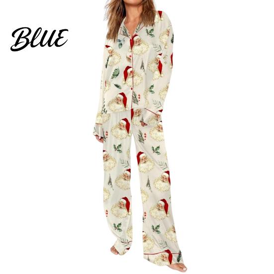 Lightweight Loungewear 2 Pcs/Set Christmas Women Pajamas Suit Satin Santa Printing Lapel Long Loose Fit