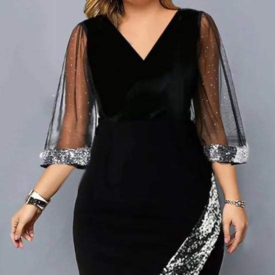 Summer Women Dress Sequin See-through Mesh Three Quarter Sleeves Irregular Hem Contrast Color Slim Fit V Neck Knee Length Commute Party Prom