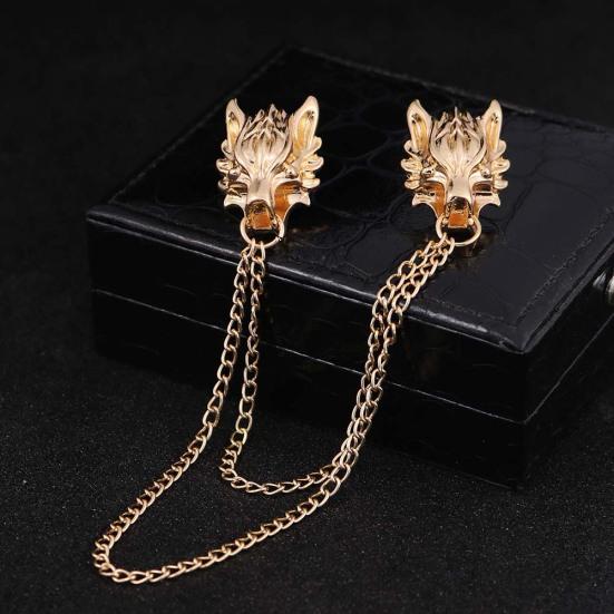 Unisex Double Wolf Head střapec Řetízek Brož Pin Suit Košilový límec Badge dárek