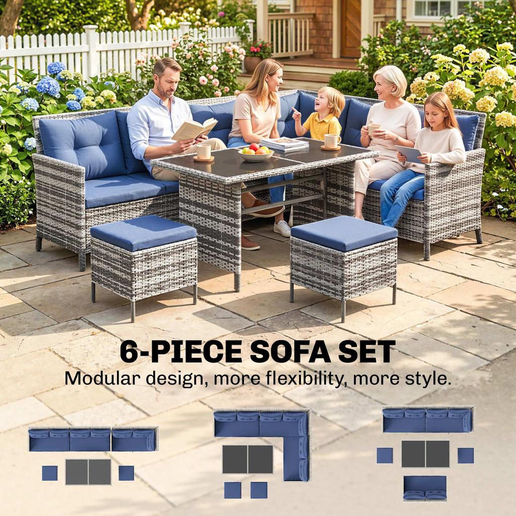7-Seater Patio Wicker Sofa Set Rattan Chair Furniture W/ Glass & Cushioned, Dark Blue