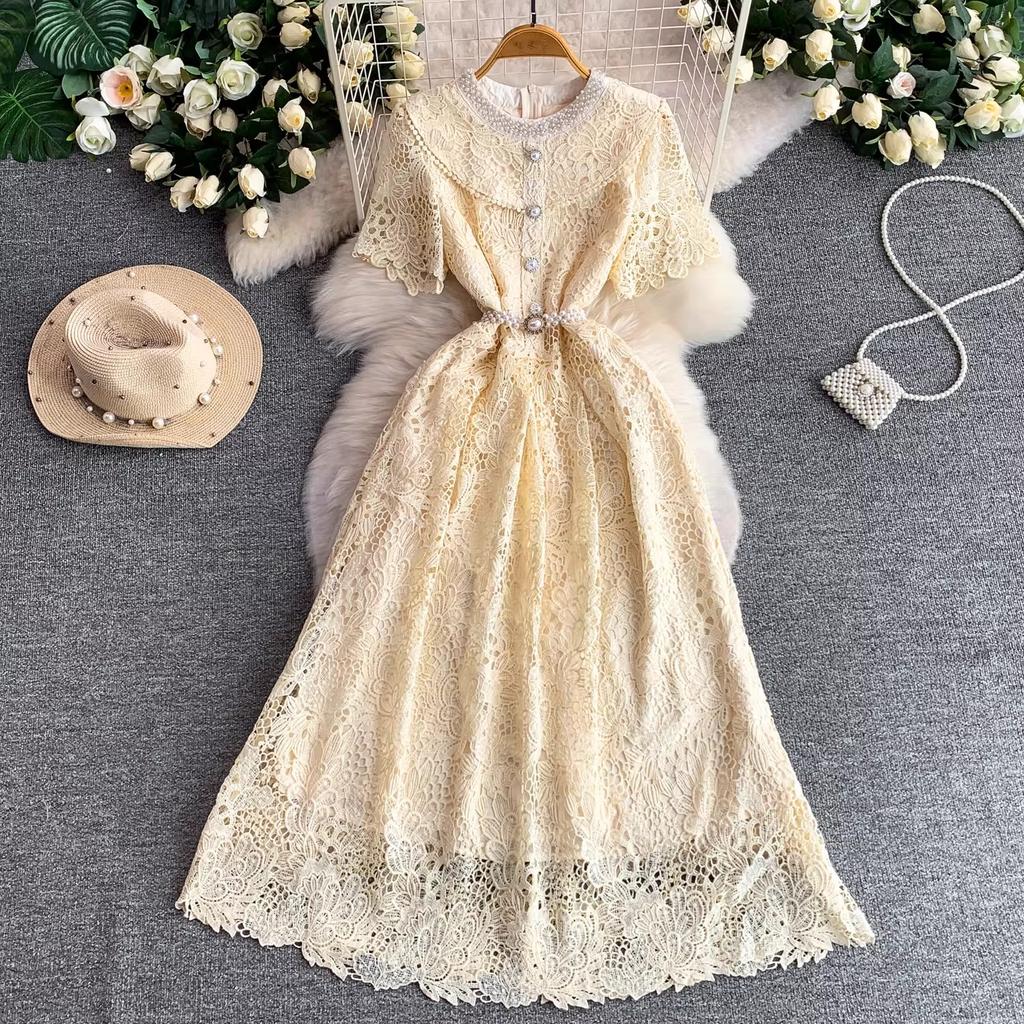 Elegant Pearl Chain Diamon Luxury Embroidery Lace Prom Evening Dresses Women Summer Short Sleeve Hollow Out Midi Long Dress