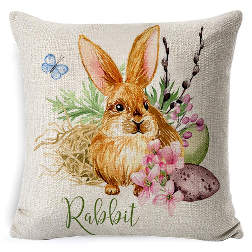 Cartoon Easter Pillow Cover Linen Watercolor Bunny Egg Home Sofa Cushion Cover