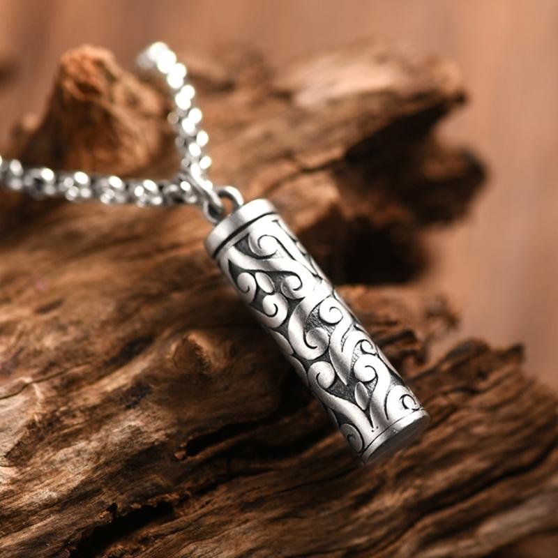 Ancient Hollow Charm Necklace For Holding Sacred Scroll Engraved Intricate Design Matte Finish Black Strap Included