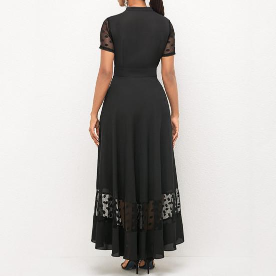 Women Summer Dress Mesh Dot Pattern V Neck Chiffon Slim Large Hem