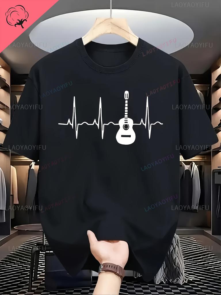 MenS Casual Short Sleeve Harajuku Oneck Printed TShirt Breathable Summer Harajuku with Guitar Heartbeat Line Casual Tee