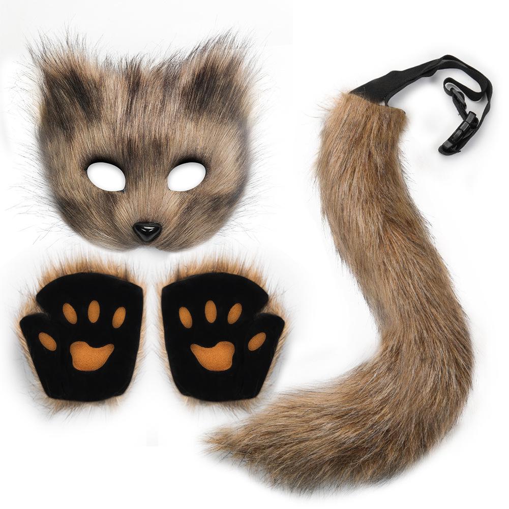 Halloween Fox Costume Set: Mask, Gloves & Plush Tail Cosplay Accessories