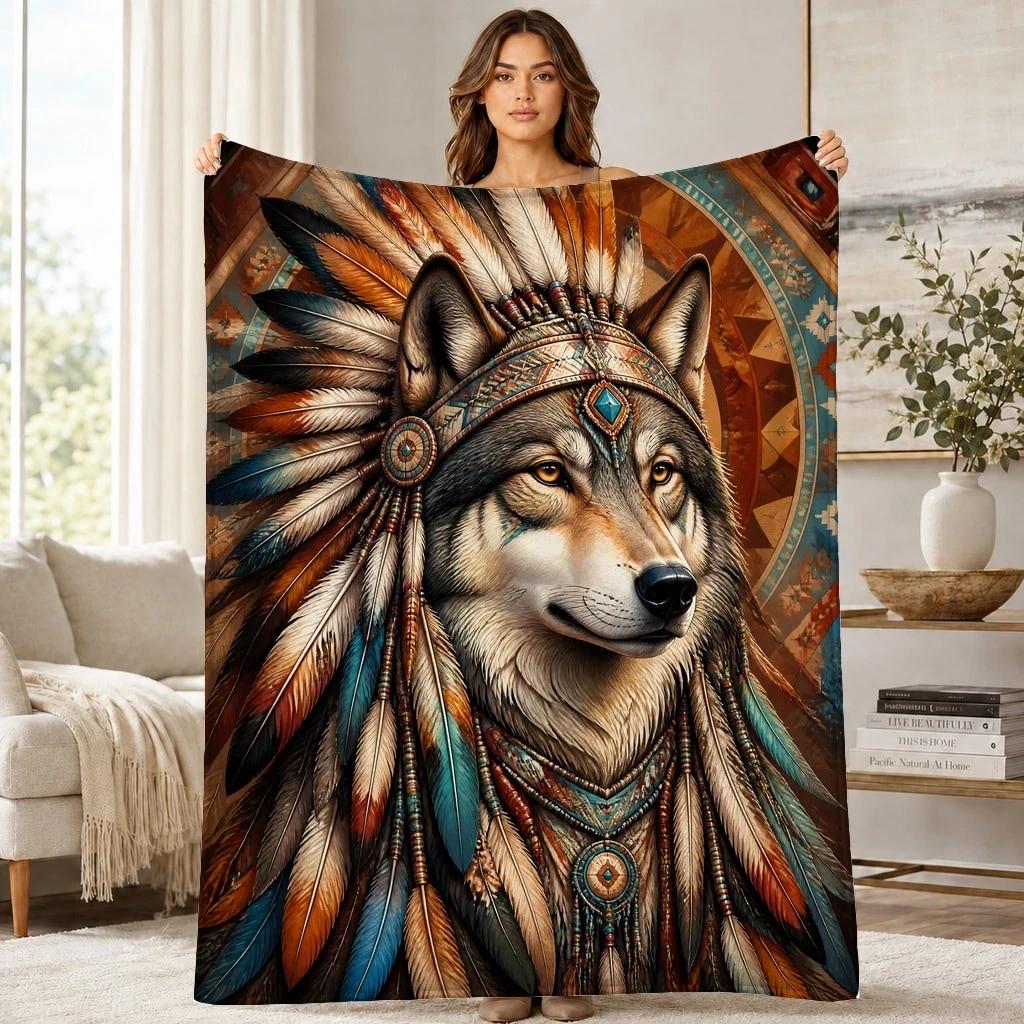 Wolf Portrait Feather Headdress Coral Fleece Blanket Wildlife Decor