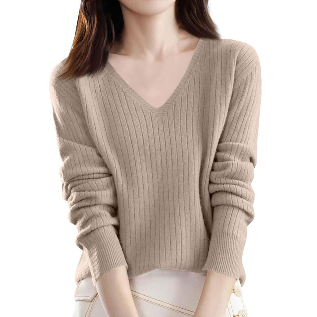 Damenmode Locker Gestrickter Pullover Unterhemd V-Ausschnitt Pullover Langarm Einfarbiges Oberteil