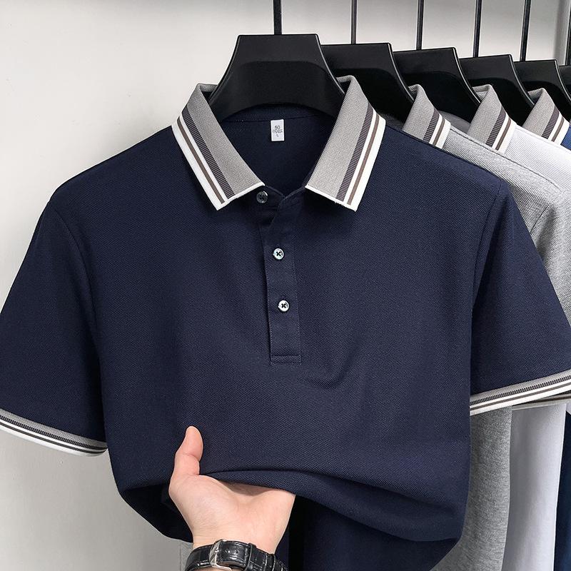 Men's Casual Lapel Polo T-Shirt - Cross Stripe Short Sleeve, Summer Wear for Young and Middle-aged