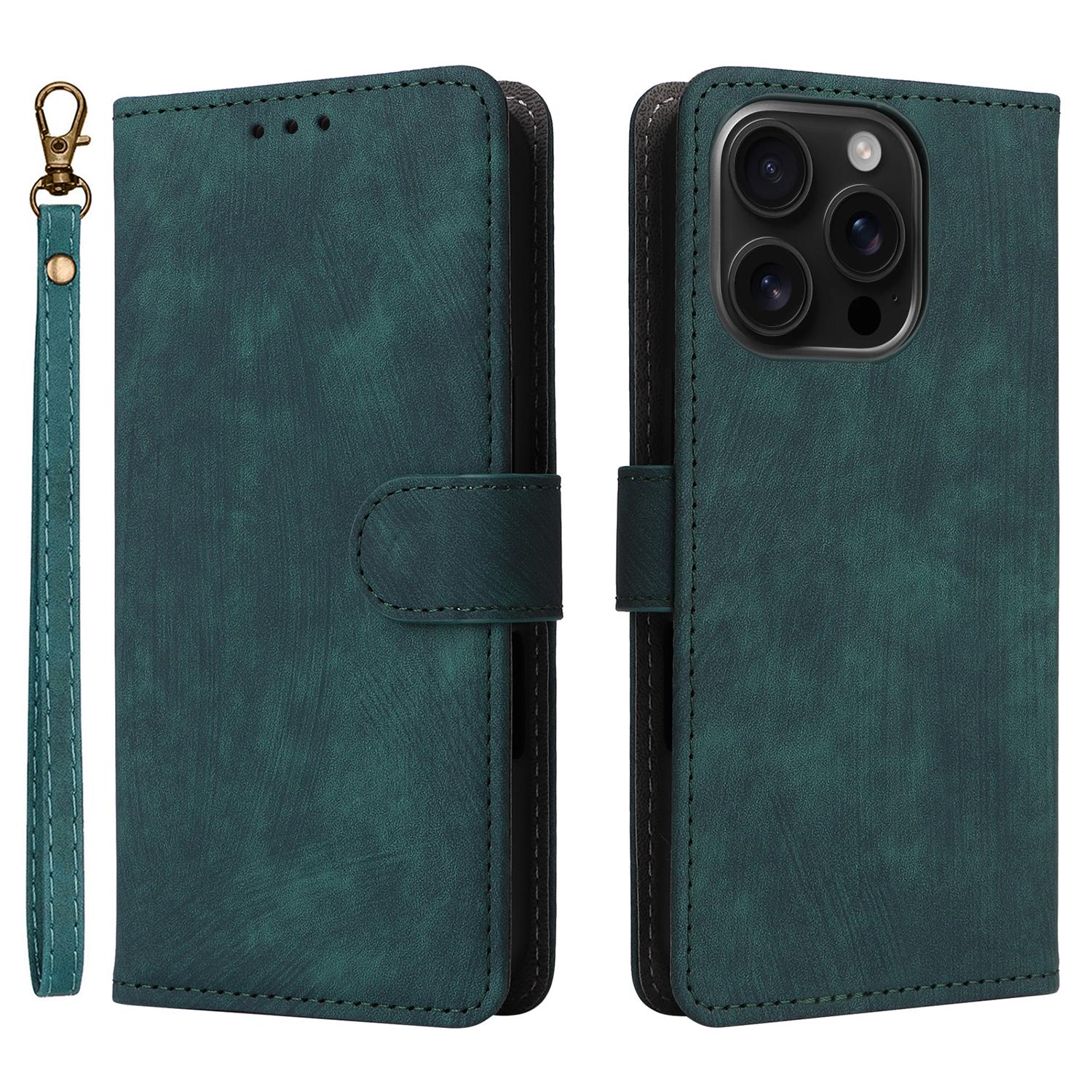 

For iPhone 16 Pro Wallet Case RFID Blocking PU Leather Cover Stand View Green