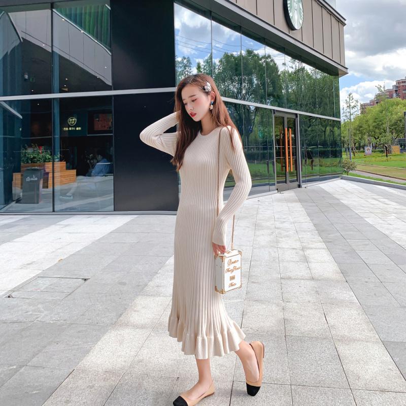 Long Sleeve Sweater Dress Women Maxi Dress Knit Fishtail Long Winter Knitted Dresses Clothes Ruffelss Women Clothing