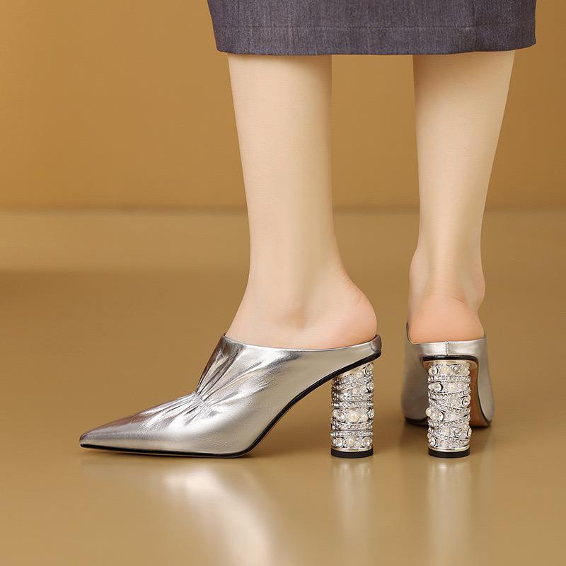 Fashion Designer Half Slippers Women's High Heels Slippers Fashion Pointe Toe Party Women Shoes Temperament Rhinestone High Heels Slides