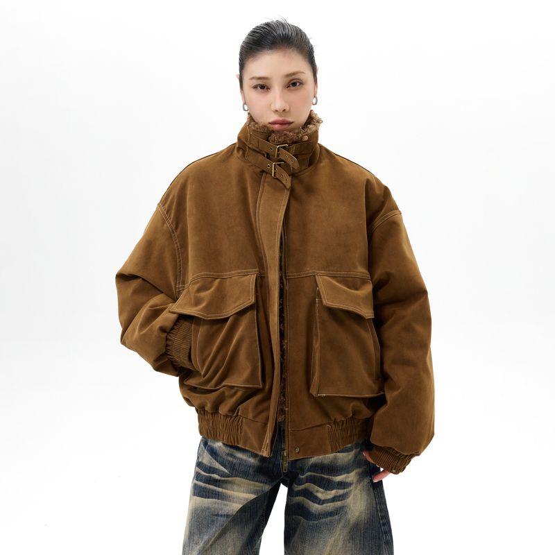 Kisko Winter American-Style Mountain Carving Suede Warm Stand-Up Collar Cotton Jacket for Men and Women, High-End Loose Casual Trendy Coat