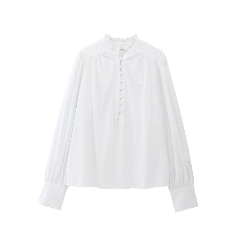 

Women s Spring/Summer 2025 Lace Collar Pleated Long-Sleeve Shirt Top Extra Small білий