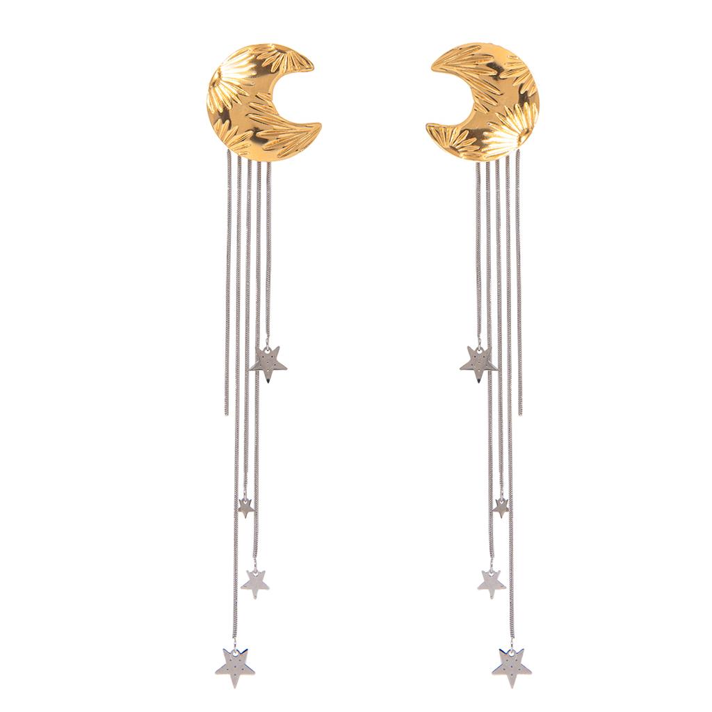 Youthway Stainless Steel Gold& Color Star Moon Patterned Long Tassel Earrings For Women Trendy Anti Allergic Jewelry Gift