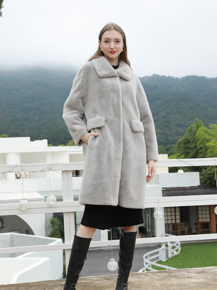 

Норковое бархатное женское теплое пальто из искусственного меха с однотонным воротником из искусственного меха ONE SIZE светло-серый