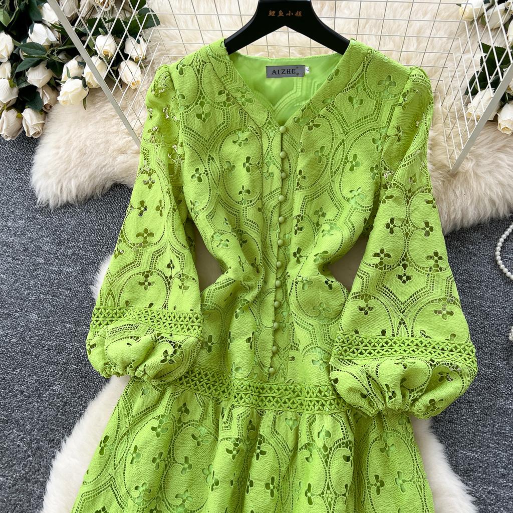 Frühling Sommer Frauen V-Ausschnitt Laterne Ärmel Stickerei Spitze lange Maxi Partykleider