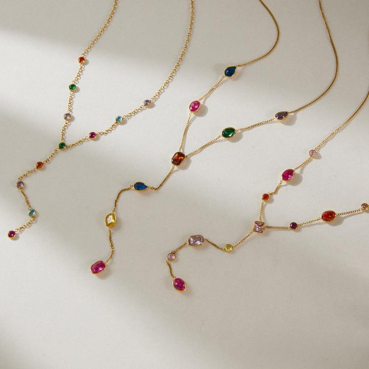 18k Gold Plated Stainless Steel Oval Colorful Zircon Fashion Jewelry Necklaces Custom Fine Chain Necklace for Women