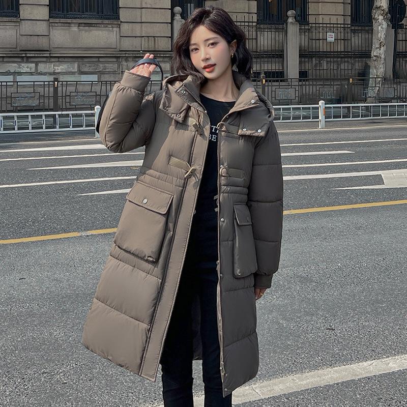 Winter New Horn Buckle Loose Down Cotton Long Women's Padded Hooded Over-the-knee Cotton Coat.