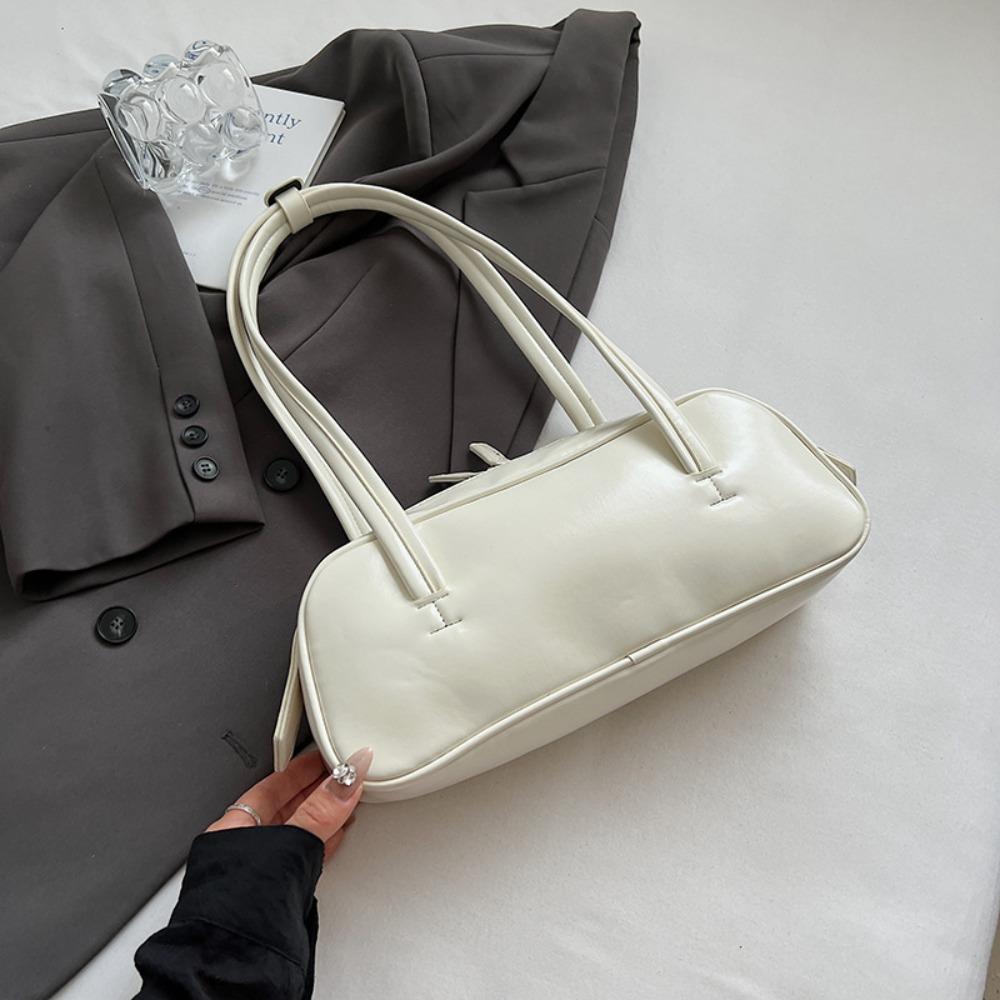 Trendy French Style Pu Bowling Bag Elegant PU Leather Boston Shoulder Bag Casual Large Capacity Women Handbags Armpit Bag