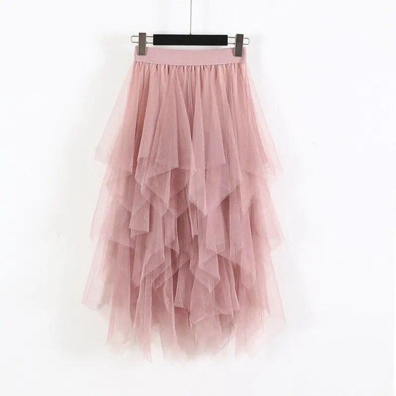 Elastic High Waist Long Tulle Skirt Women Irregular Hem Mesh Tutu Skirt