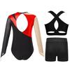 Girls Dance Costume 3 Piece Set Keyhole Back Leotard Mesh Sleeves Contrast Color Vest Rhinestone Shorts