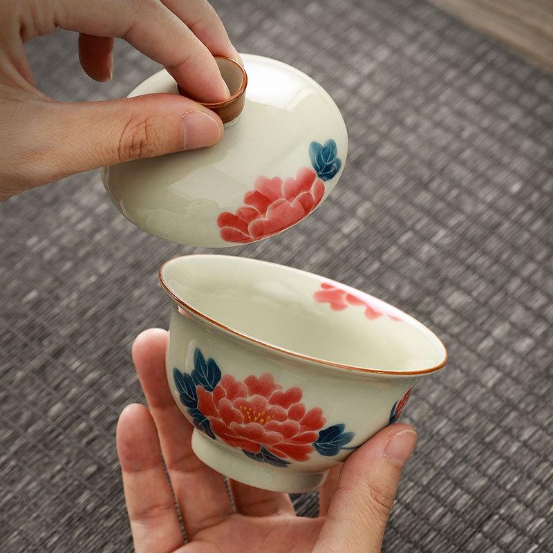 Hand-painted Sancai cover bowl, large with cover, single high-end household ceramic teacup, Kung Fu tea set, tea bowl.