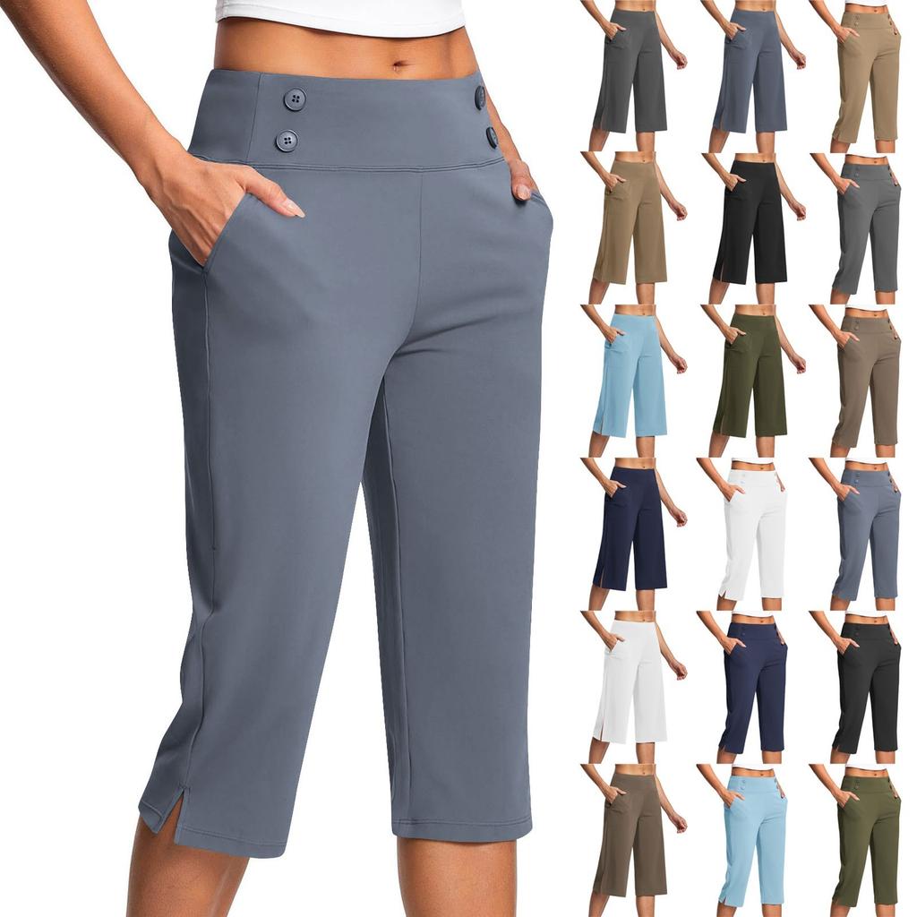 Moteable ensfargede bukser for kvinner med knappelomme og splitt i falden, høy midje, sportsyoga, avslappet, cropped bukser