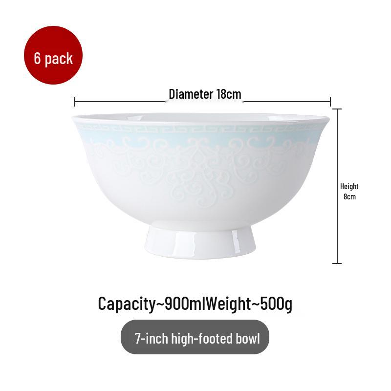 Qiao Yan Bone China High-Footed Bowl - Anti-Scald Ceramic Rice, Noodle, Porridge, and Soup Bowl with Underglaze Color.