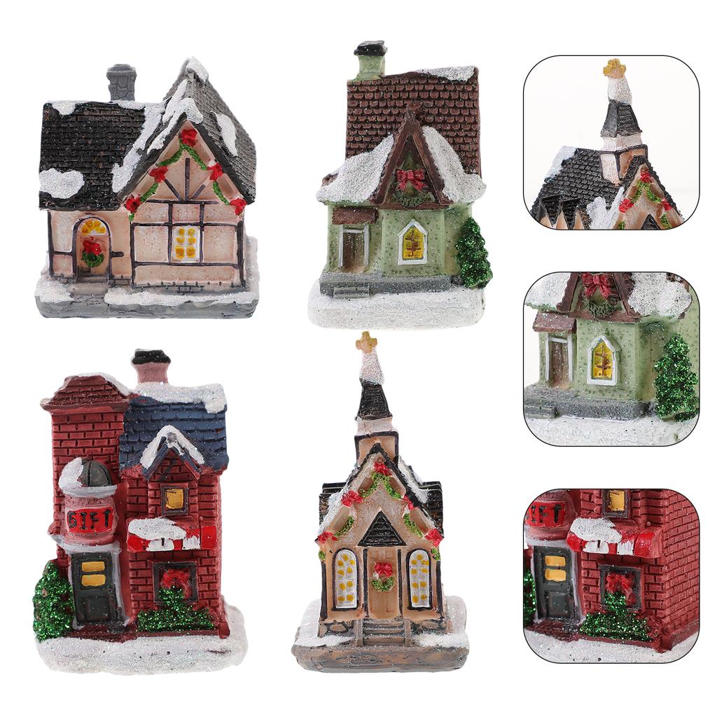 4Pcs Luminous Resin Small House Christmas Decor Colorful Desktop Ornaments Charming Xmas Party Decoration Adorn