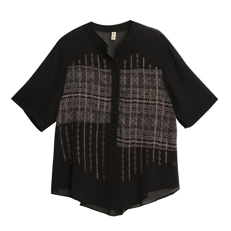 Kadın İlkbahar ve Yaz Düğmeli V Yaka Şifon Gömlek Büyük Beden Çizgili Günlük Şık Üstler