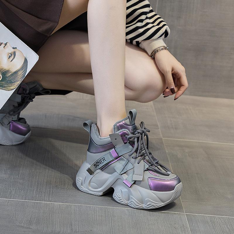 Platform dad shoes women's  women's shoes inner height increase 8cm Internet celebrity casual versatile fashion style lace-up women's shoes