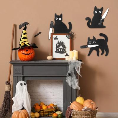 3Pcs/Set Holding Cutter Black Cat Decoration Farmhouse Rustic Wooden Halloween Cat Wall Art Home Bedroom Living Room Door Frame Decorative Sign