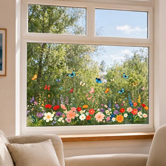 Yousheng Colorful Flower Butterfly Window Cling, Waterproof PVC Static Glass Sticker, Removable No Adhesive Window Sticker for Home Bedroom Kitchen