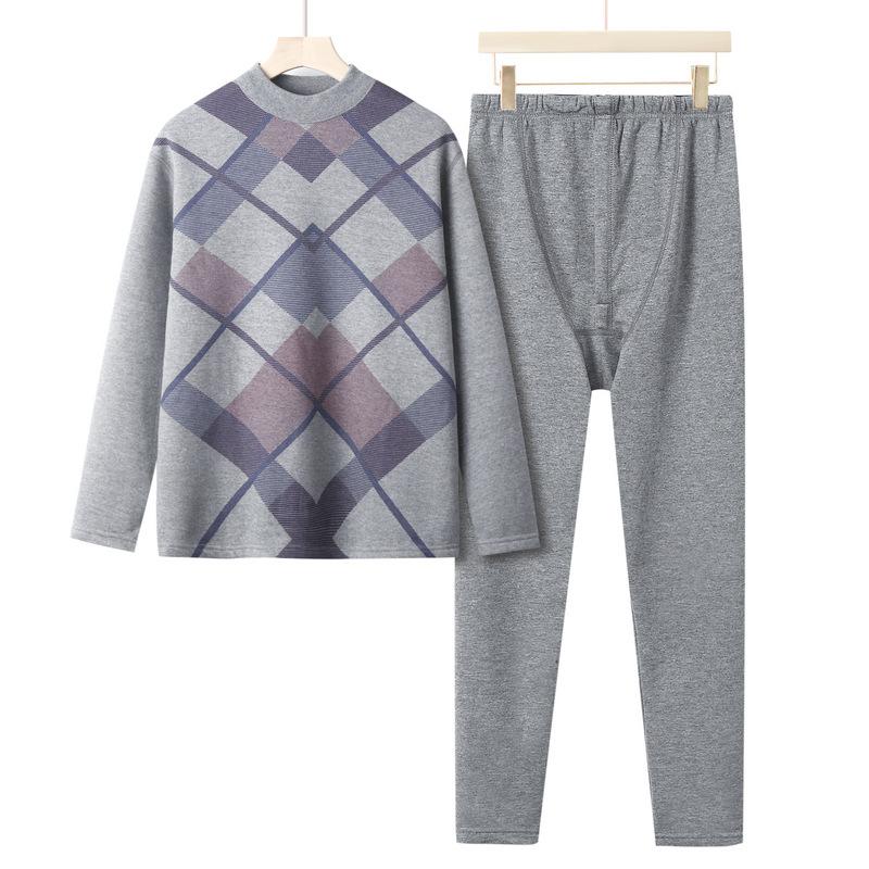 Winter Thermal Underwear Set for Autumn and Winter, Round-neck Long Johns and Long Pants for Men, with Added Fleece and Thickened