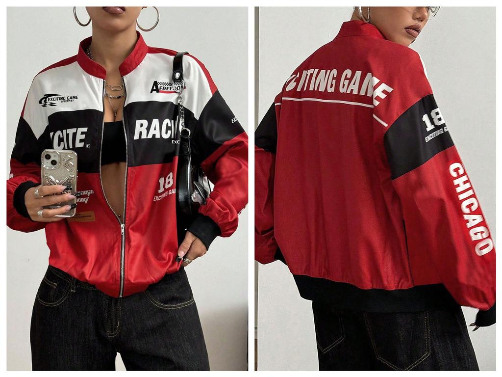 Női Hosszú Ujjú Álló Galléros Színblokkos Versenydzseki Betűnyomott Cipzáros Streetwear Bomberdzseki Alkalmi Felsők