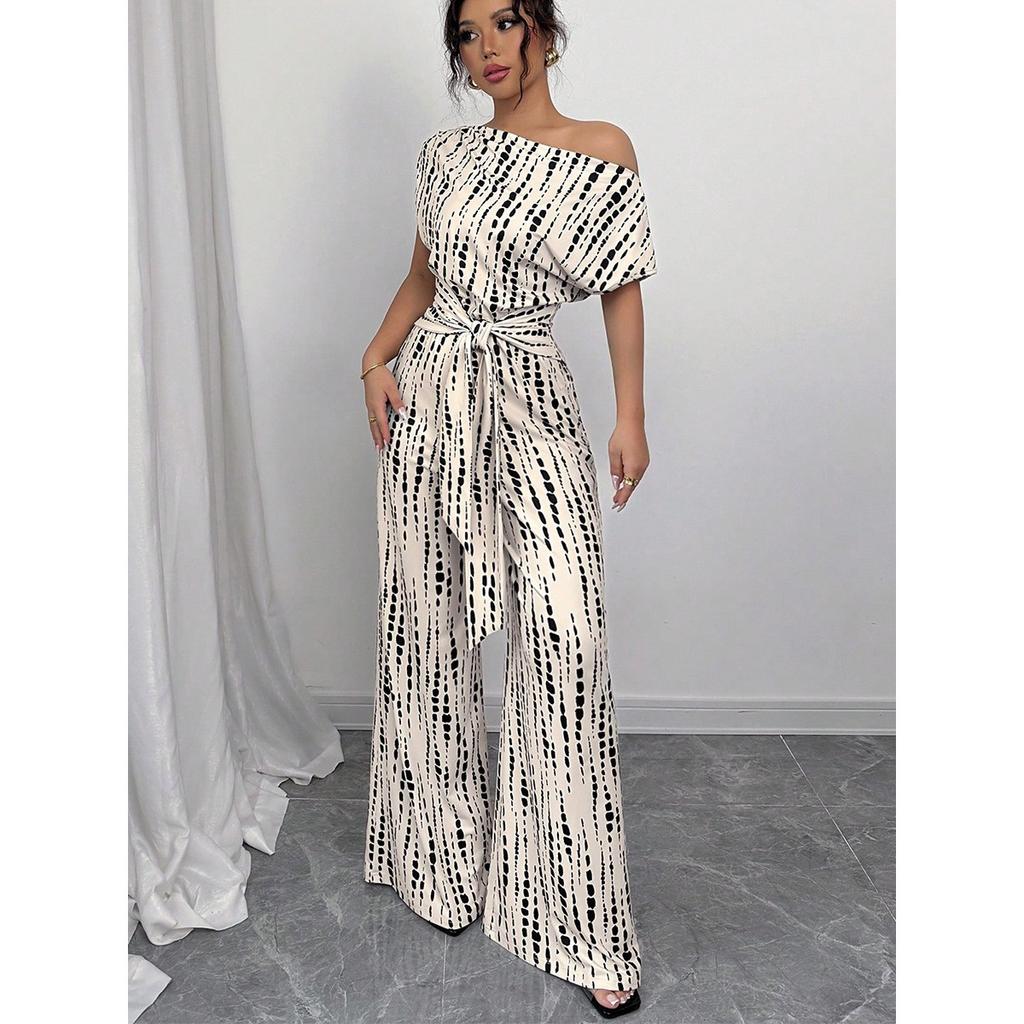 Summer One-shoulder Tie Striped Wide Leg Jumpsuit for Women, European American Casual Romper