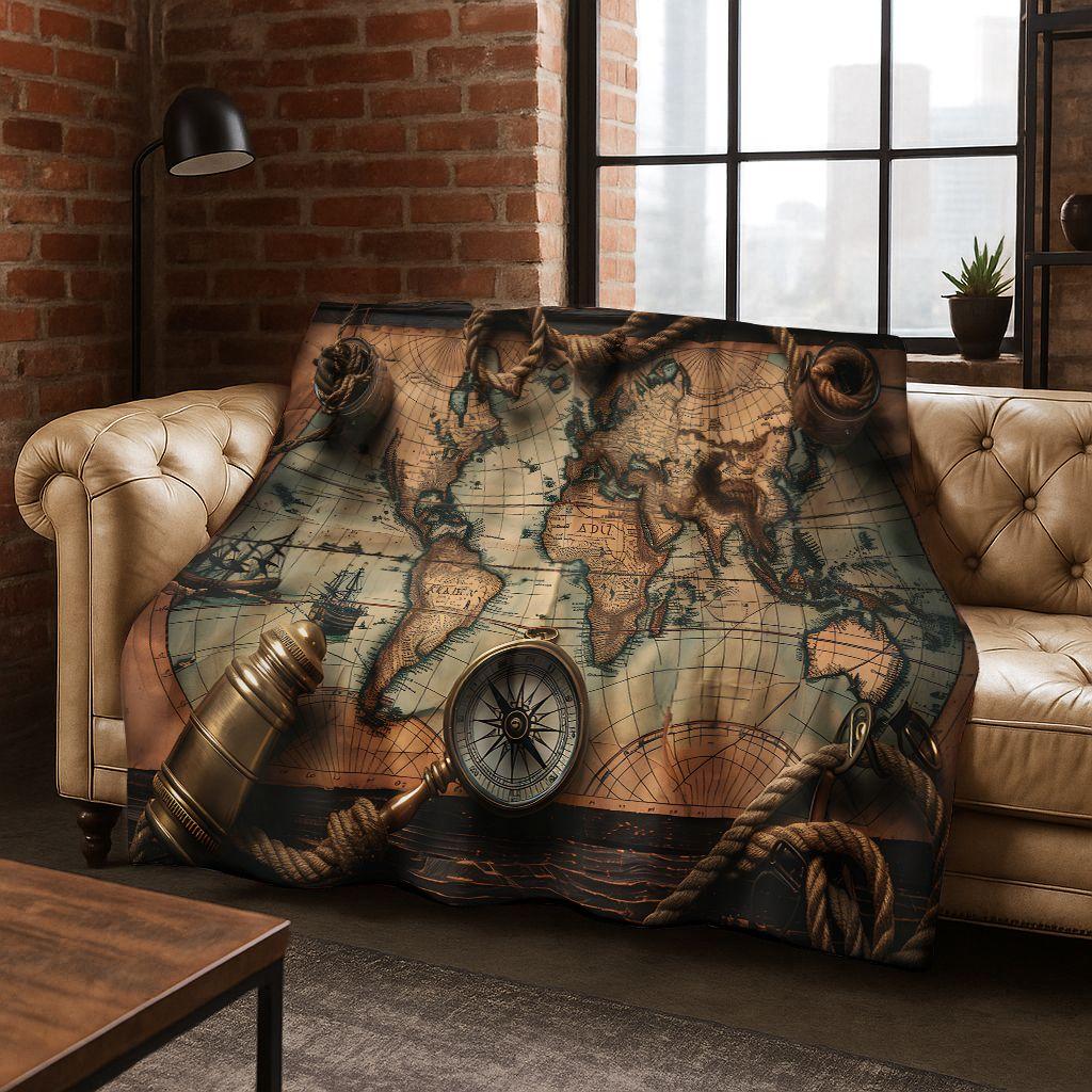 Retro Nautische Karte Kompass Schatzkarte Flanell Decke, Gemütliche Weiche Überwurfdecke für Zuhause Schlafzimmer Bett Sofa Abdeckung Geschenk Kinder