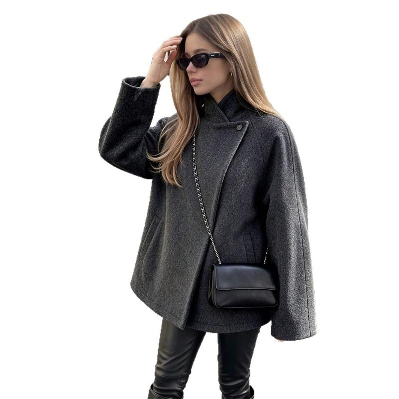 Women S Loose Long Sleeve Stand Collar Single Breasted Coat