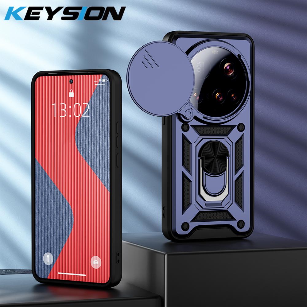 KEYSION Shockproof Armor Case for Xiaomi 15 Ultra 5G Slide Camera Lens Protection Ring Stand Phone Back Cover for Xiaomi15 Ultra