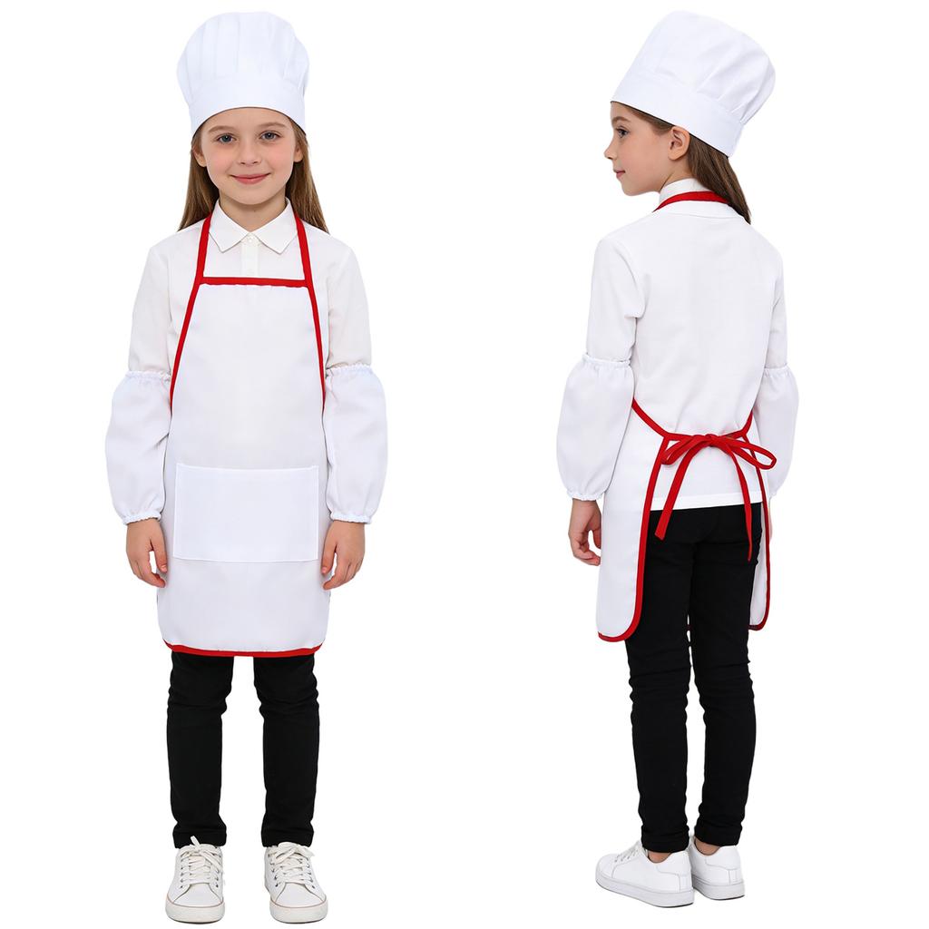 Children‘s Cooking Apron Set 3Pieces: Elastic Band Chef Hat, Oversleeves & Bib Apron with Pocket for Mess-Free Baking
