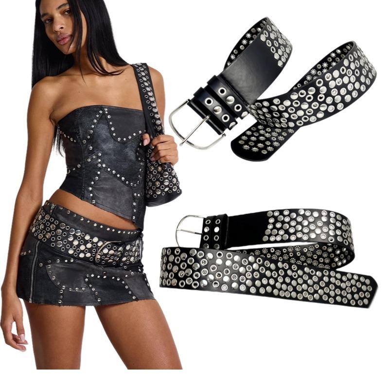 Meier Y2k American Retro Punk Wide Belt - Studded, Multi-hole Design Leather Belt